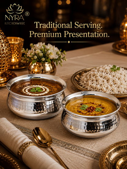 Stainless Steel Hammered Finish Dal Handi - Premium Serveware Set