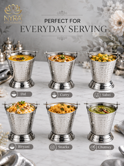 Stainless Steel Mini Balti | Hammered Serving Bucket for Dal, Curry, Raita & Vegetables | Traditional Serveware for Home, Restaurants & Dhabas
