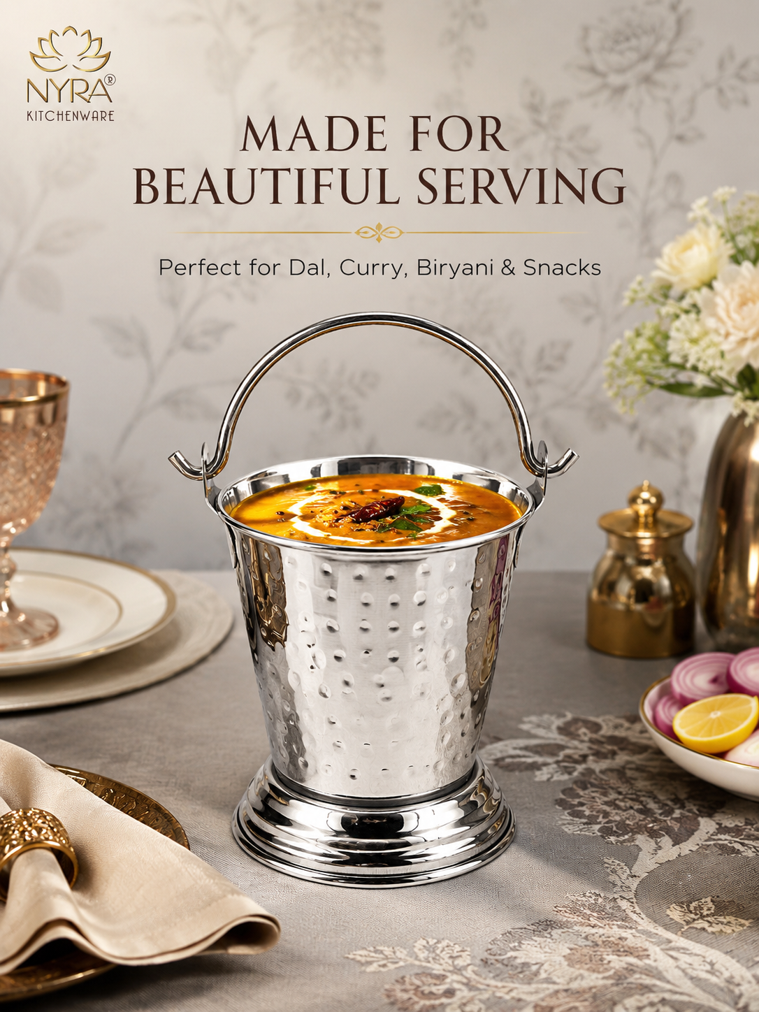 Stainless Steel Mini Balti | Hammered Serving Bucket for Dal, Curry, Raita & Vegetables | Traditional Serveware for Home, Restaurants & Dhabas