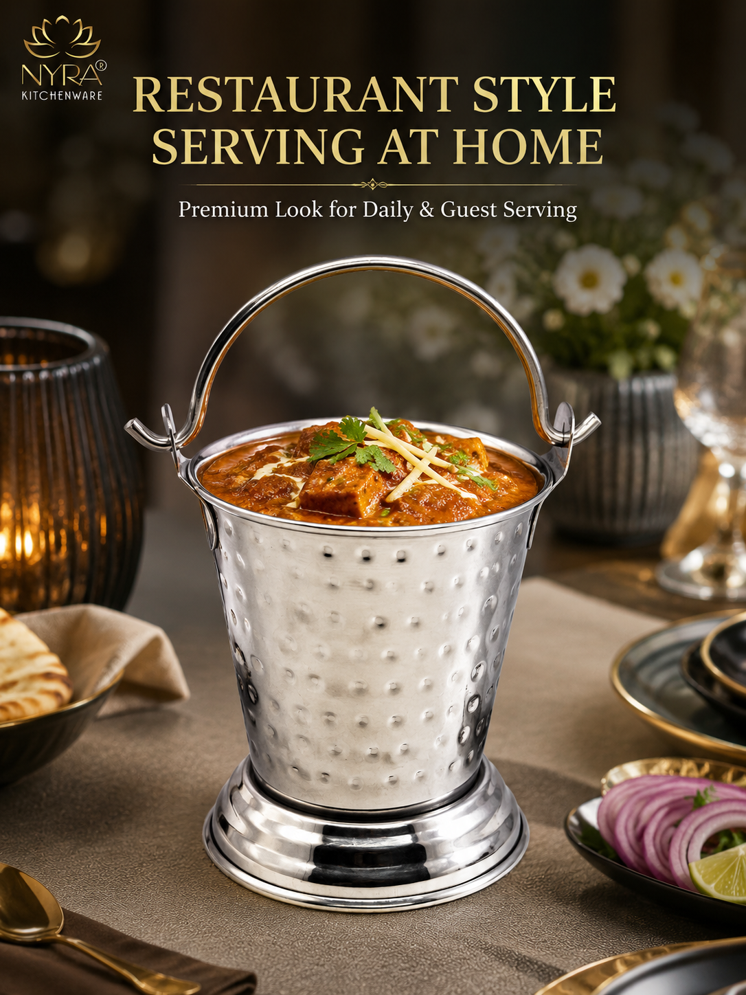 Stainless Steel Mini Balti | Hammered Serving Bucket for Dal, Curry, Raita & Vegetables | Traditional Serveware for Home, Restaurants & Dhabas