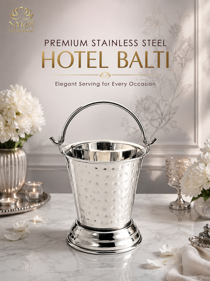 Stainless Steel Mini Balti | Hammered Serving Bucket for Dal, Curry, Raita & Vegetables | Traditional Serveware for Home, Restaurants & Dhabas