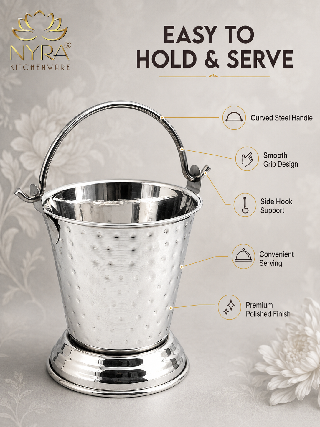 Stainless Steel Mini Balti | Hammered Serving Bucket for Dal, Curry, Raita & Vegetables | Traditional Serveware for Home, Restaurants & Dhabas
