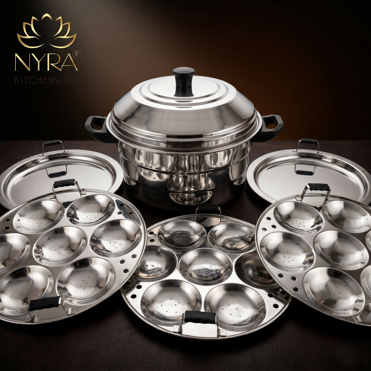 Nyra® Premium Stainless Steel 21-Idli Cooker Pot | Stackable Idli Plates | 21-Cavity Idli Maker & MultiPurpose Steamer