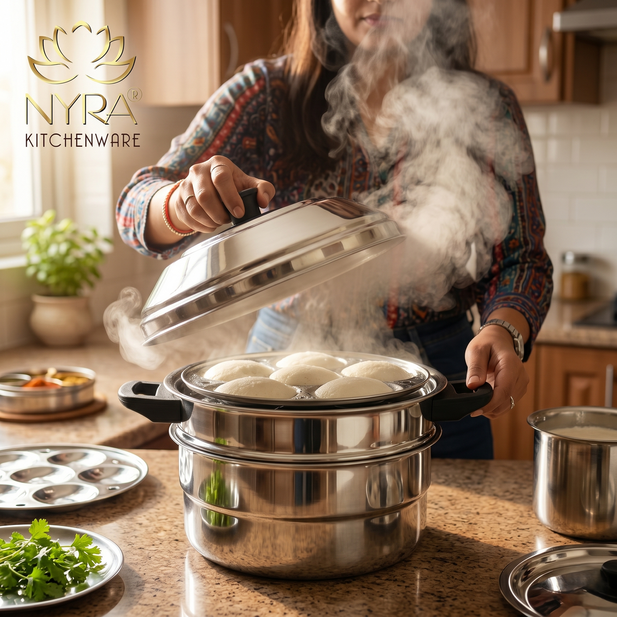 Nyra® Premium Stainless Steel 21-Idli Cooker Pot | Stackable Idli Plates | 21-Cavity Idli Maker & MultiPurpose Steamer