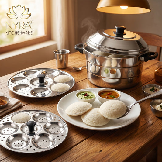 Premium Stainless Steel Multi-Idli Cooker Pot with Stackable Idli Plates - 12, 14 & 21 Idly Stands