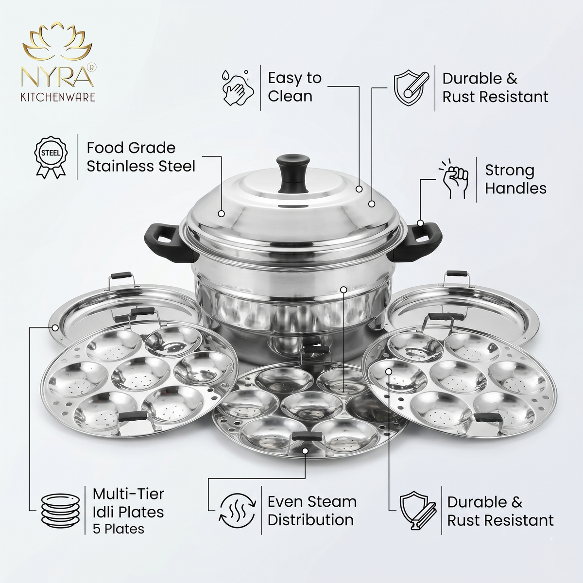 Nyra® Premium Stainless Steel 21-Idli Cooker Pot | Stackable Idli Plates | 21-Cavity Idli Maker & MultiPurpose Steamer