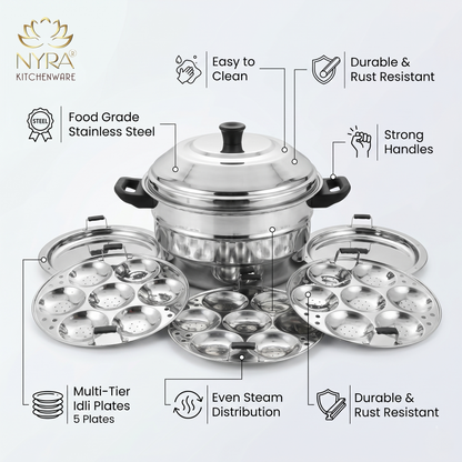 Nyra® Premium Stainless Steel 21-Idli Cooker Pot | Stackable Idli Plates | 21-Cavity Idli Maker & MultiPurpose Steamer