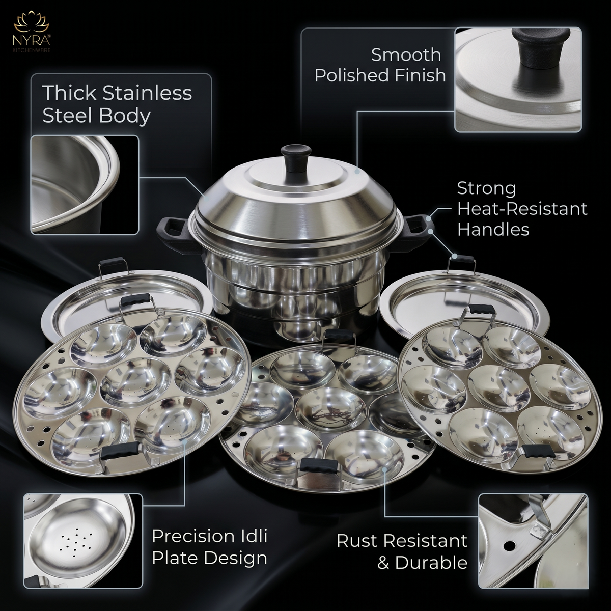Nyra® Premium Stainless Steel 21-Idli Cooker Pot | Stackable Idli Plates | 21-Cavity Idli Maker & MultiPurpose Steamer