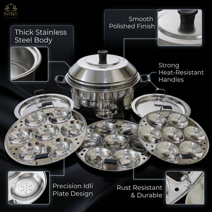 Nyra® Premium Stainless Steel 21-Idli Cooker Pot | Stackable Idli Plates | 21-Cavity Idli Maker & MultiPurpose Steamer