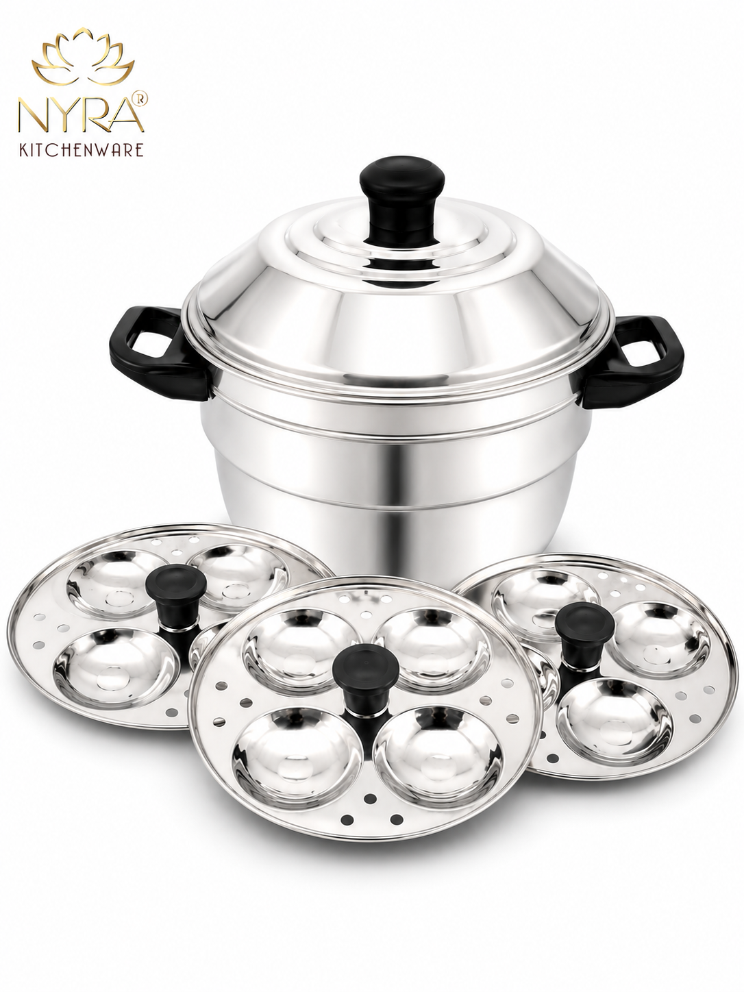 Nyra® Premium Stainless Steel 12-Idli Cooker Pot | 3 Stackable Idli Plates & 2 Steamer/Dhokla Plates | Multi-Purpose Idli Maker