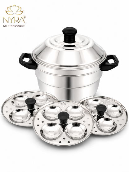 Nyra® Premium Stainless Steel 12-Idli Cooker Pot | 3 Stackable Idli Plates & 2 Steamer/Dhokla Plates | Multi-Purpose Idli Maker