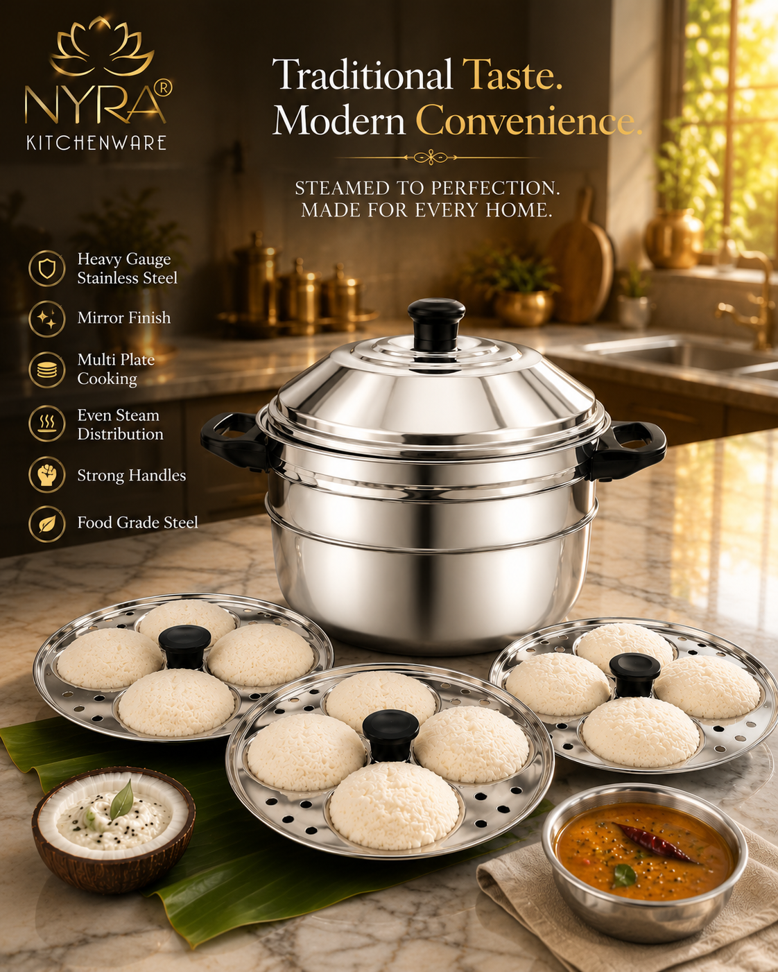 Nyra® Premium Stainless Steel 12-Idli Cooker Pot | 3 Stackable Idli Plates & 2 Steamer/Dhokla Plates | Multi-Purpose Idli Maker