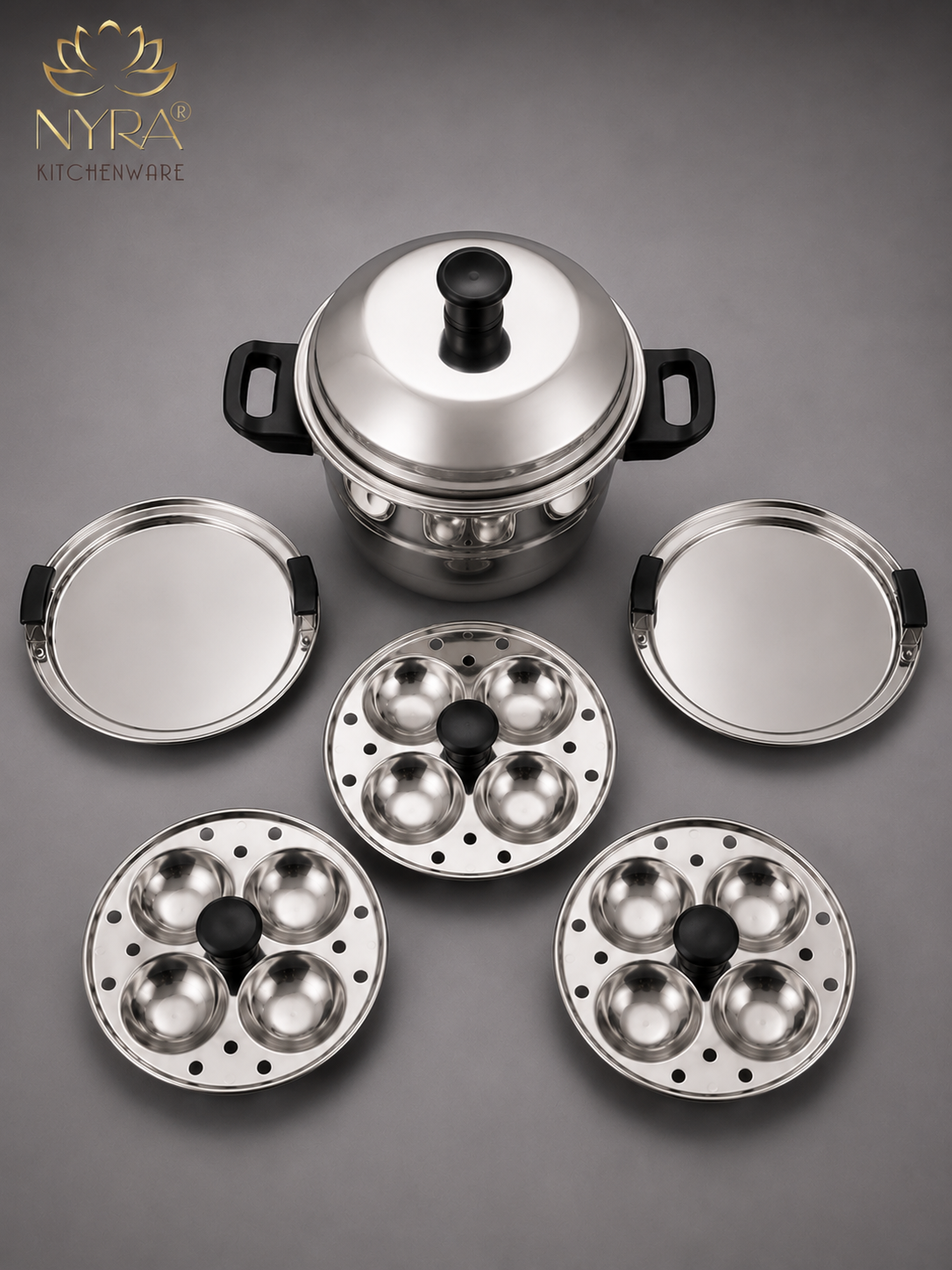 Nyra® Premium Stainless Steel 12-Idli Cooker Pot | 3 Stackable Idli Plates & 2 Steamer/Dhokla Plates | Multi-Purpose Idli Maker