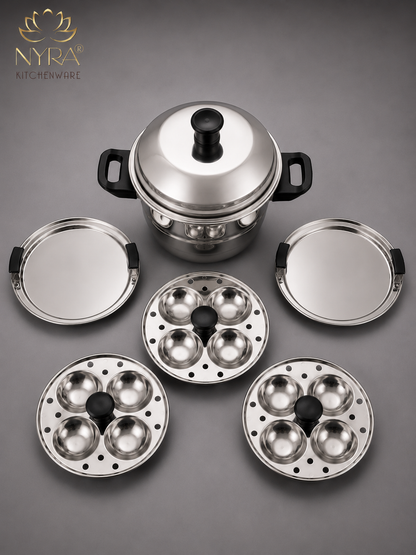 Nyra® Premium Stainless Steel 12-Idli Cooker Pot | 3 Stackable Idli Plates & 2 Steamer/Dhokla Plates | Multi-Purpose Idli Maker