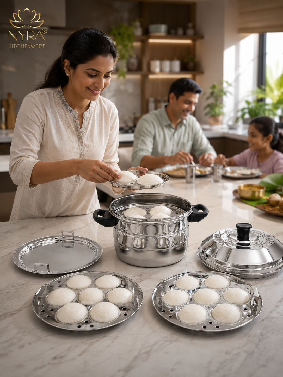 Premium Stainless Steel Multi-Idli Cooker Pot with Stackable Idli Plates, Momos & Dhokla Plate - 12, 14 & 21 Idly Stand Options
