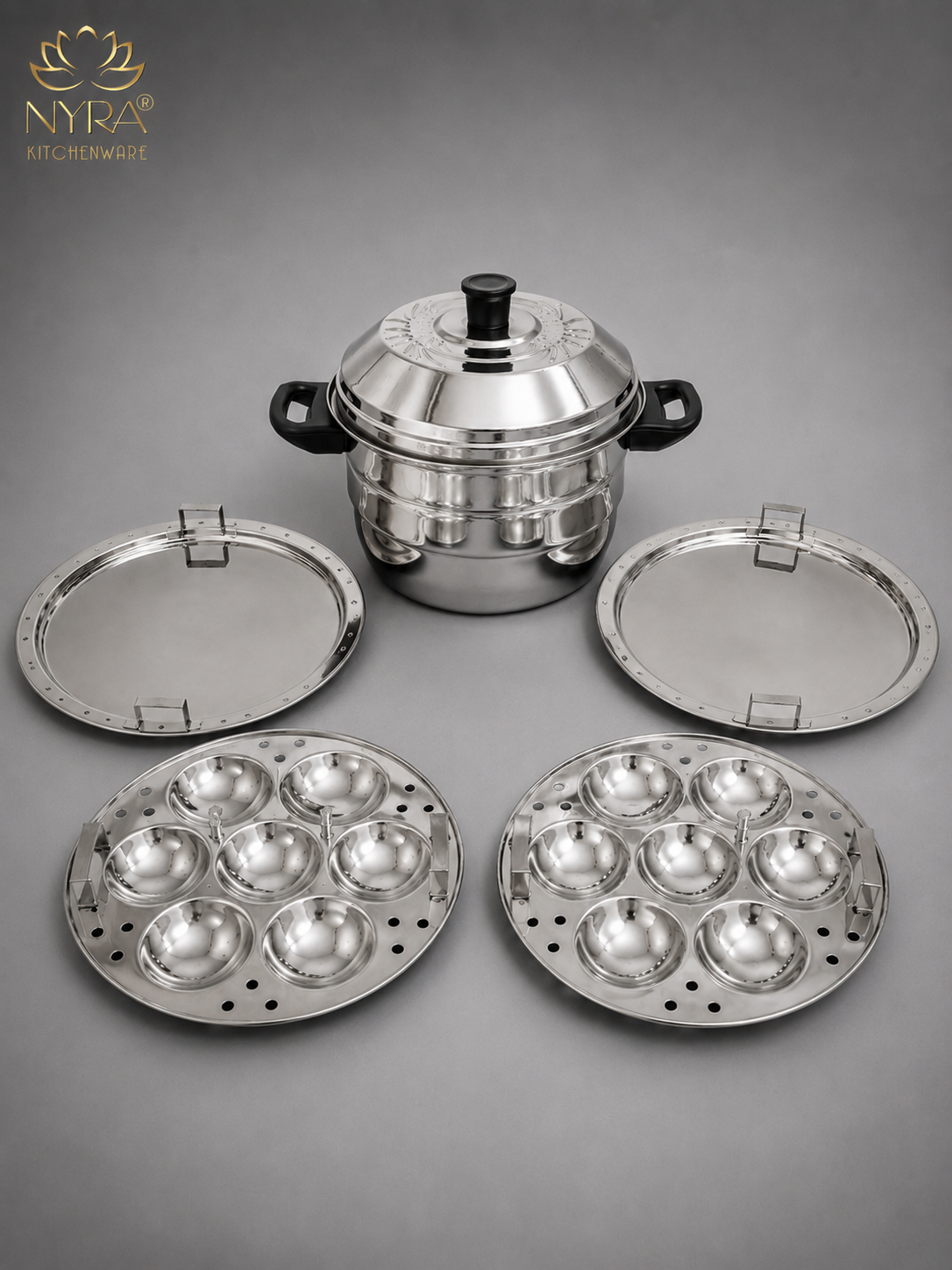 Nyra® Premium Stainless Steel 14-Idli Cooker Pot | Stackable Idli Plates & Steamer/Dhokla Plates | Multi-Purpose Idli Maker