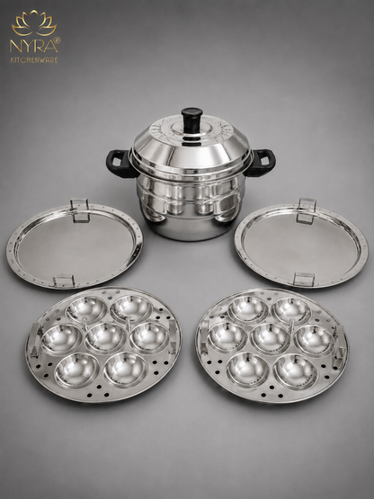 Nyra® Premium Stainless Steel 14-Idli Cooker Pot | Stackable Idli Plates & Steamer/Dhokla Plates | Multi-Purpose Idli Maker