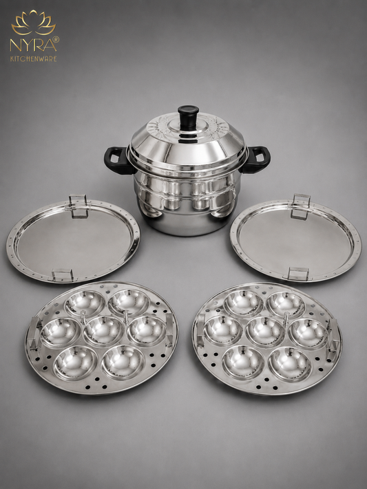 Nyra® Premium Stainless Steel 14-Idli Cooker Pot | Stackable Idli Plates & Steamer/Dhokla Plates | Multi-Purpose Idli Maker