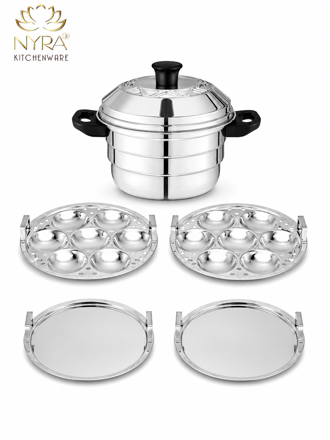 Nyra® Premium Stainless Steel 14-Idli Cooker Pot | Stackable Idli Plates & Steamer/Dhokla Plates | Multi-Purpose Idli Maker