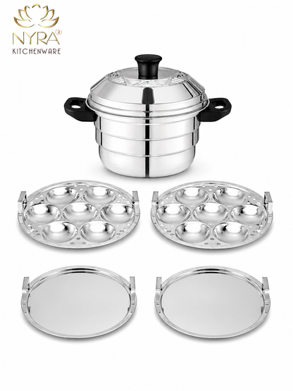 Nyra® Premium Stainless Steel 14-Idli Cooker Pot | Stackable Idli Plates & Steamer/Dhokla Plates | Multi-Purpose Idli Maker