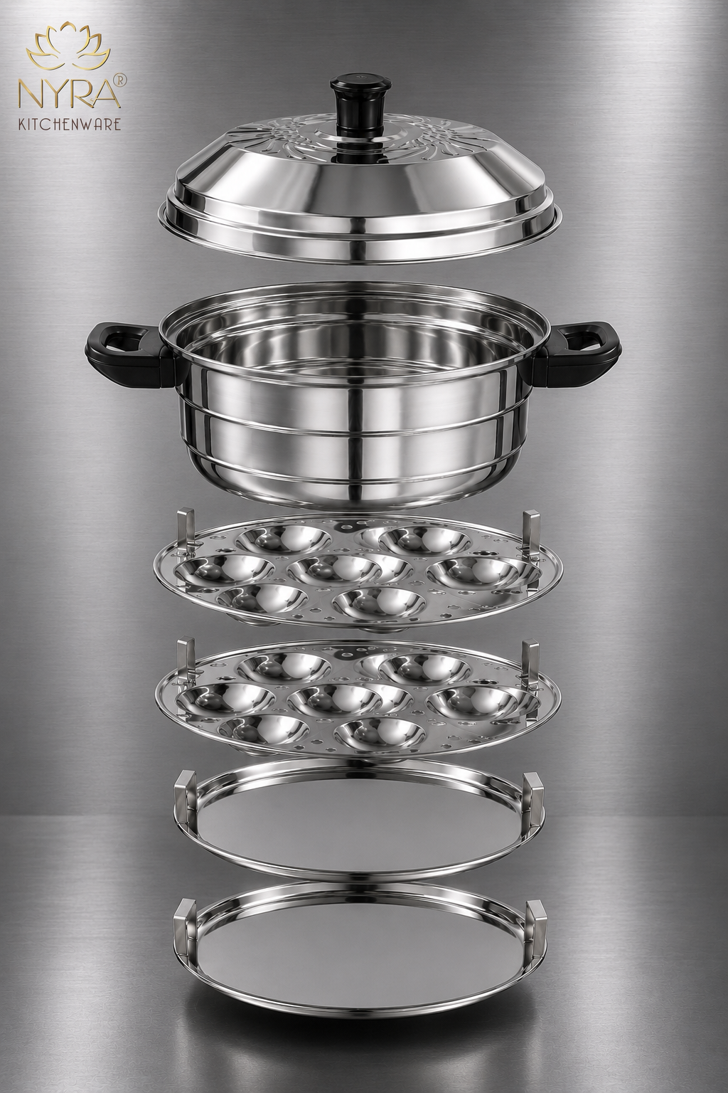 Nyra® Premium Stainless Steel 14-Idli Cooker Pot | Stackable Idli Plates & Steamer/Dhokla Plates | Multi-Purpose Idli Maker