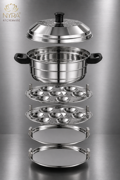 Nyra® Premium Stainless Steel 14-Idli Cooker Pot | Stackable Idli Plates & Steamer/Dhokla Plates | Multi-Purpose Idli Maker