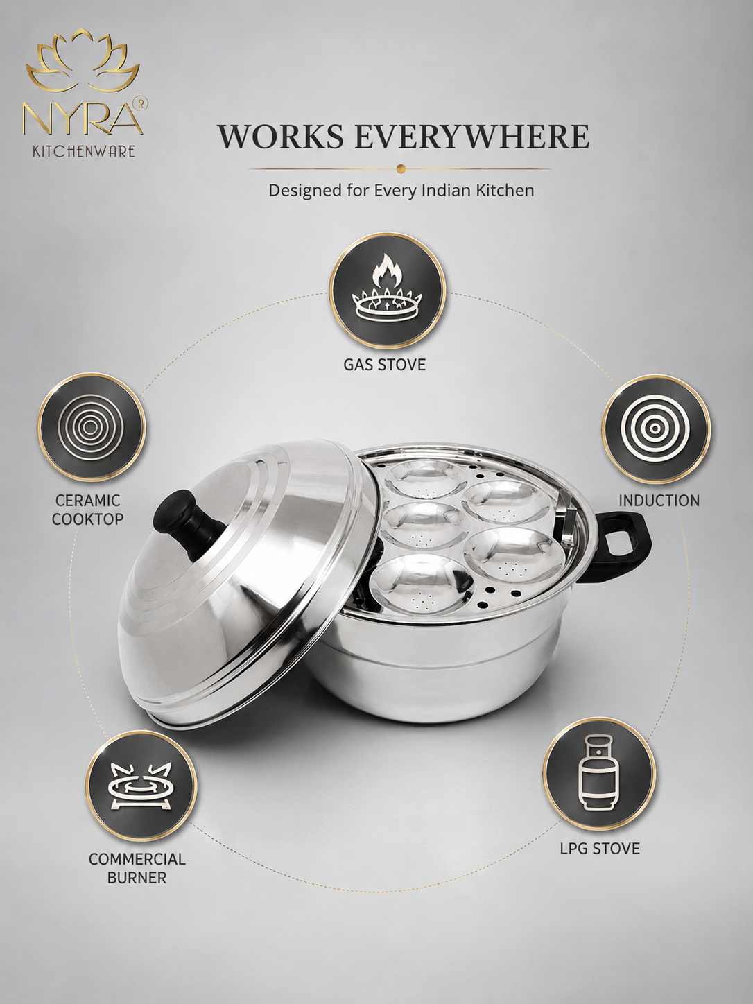 Nyra® Premium Stainless Steel 14-Idli Cooker Pot | Stackable Idli Plates & Steamer/Dhokla Plates | Multi-Purpose Idli Maker