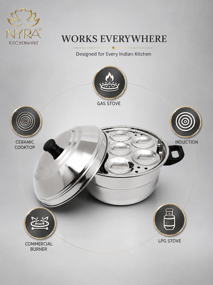 Nyra® Premium Stainless Steel 14-Idli Cooker Pot | Stackable Idli Plates & Steamer/Dhokla Plates | Multi-Purpose Idli Maker