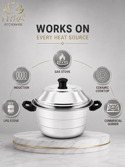 Nyra® Premium Stainless Steel 12-Idli Cooker Pot | 3 Stackable Idli Plates & 2 Steamer/Dhokla Plates | Multi-Purpose Idli Maker