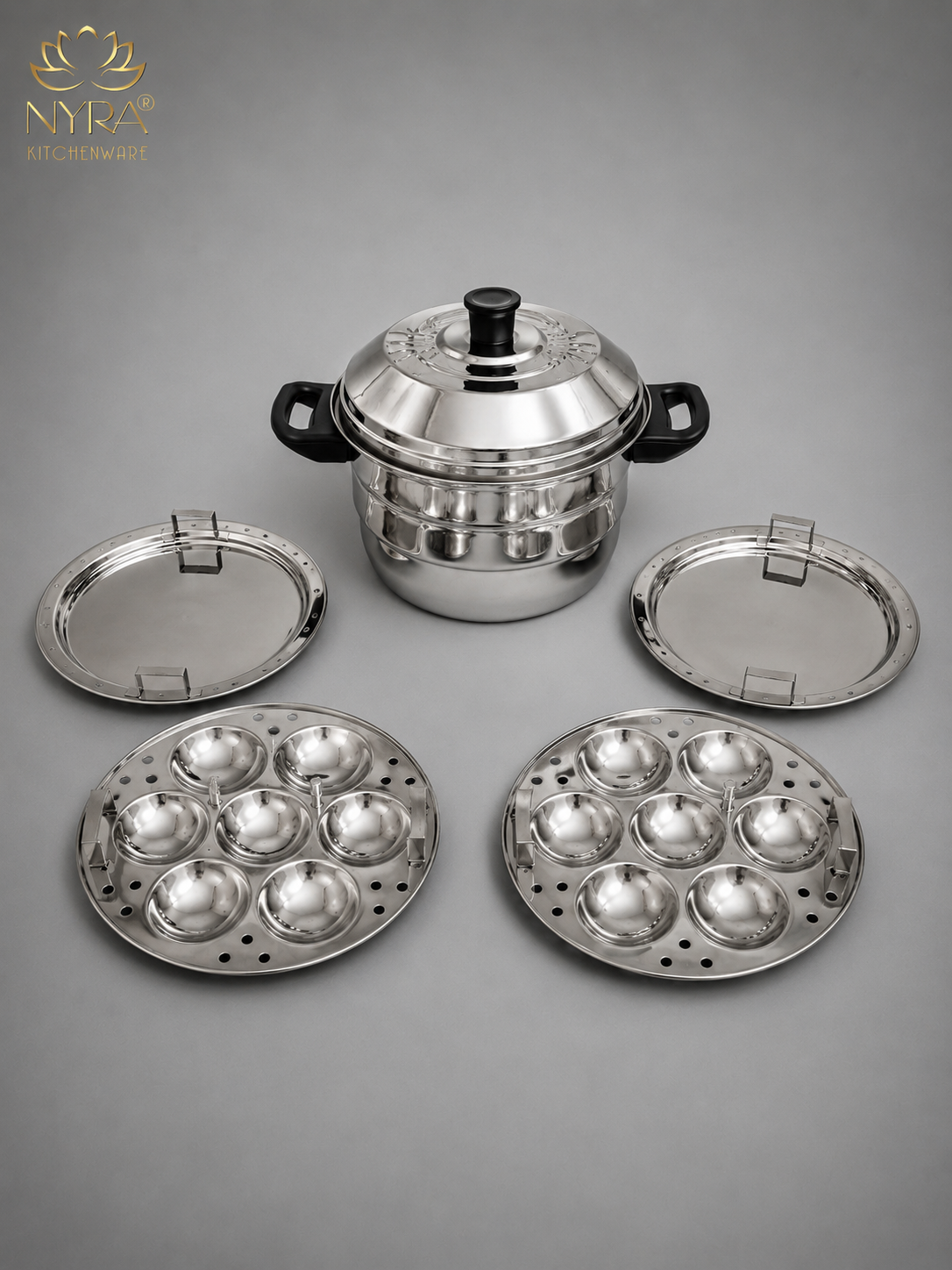 Nyra® Premium Stainless Steel 14-Idli Cooker Pot | Stackable Idli Plates & Steamer/Dhokla Plates | Multi-Purpose Idli Maker