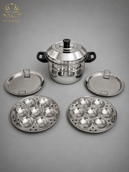 Nyra® Premium Stainless Steel 14-Idli Cooker Pot | Stackable Idli Plates & Steamer/Dhokla Plates | Multi-Purpose Idli Maker