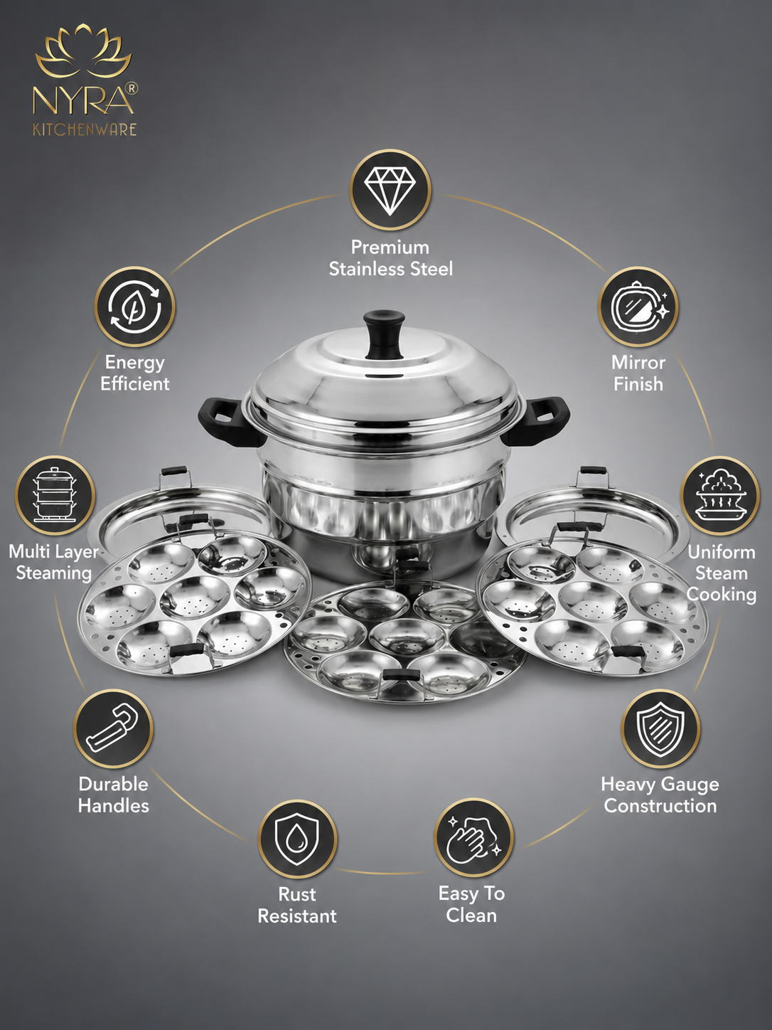 Nyra® Premium Stainless Steel 21-Idli Cooker Pot | Stackable Idli Plates | 21-Cavity Idli Maker & MultiPurpose Steamer