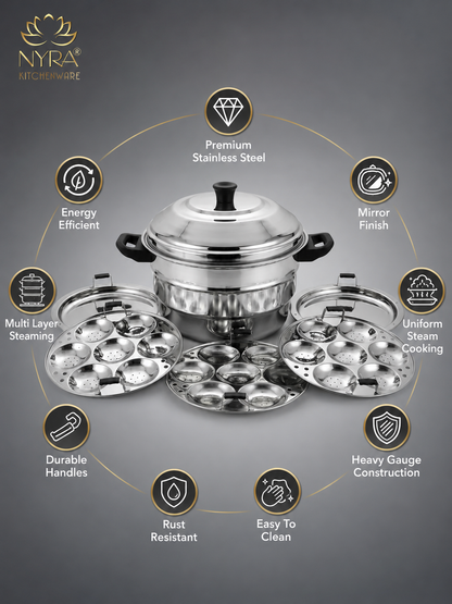 Nyra® Premium Stainless Steel 21-Idli Cooker Pot | Stackable Idli Plates | 21-Cavity Idli Maker & MultiPurpose Steamer