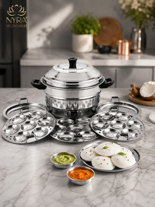 Nyra® Premium Stainless Steel 21-Idli Cooker Pot | Stackable Idli Plates | 21-Cavity Idli Maker & MultiPurpose Steamer