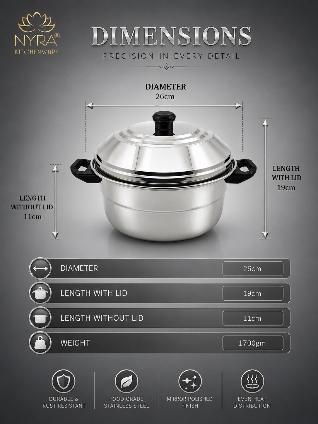 Nyra® Premium Stainless Steel 14-Idli Cooker Pot | Stackable Idli Plates & Steamer/Dhokla Plates | Multi-Purpose Idli Maker
