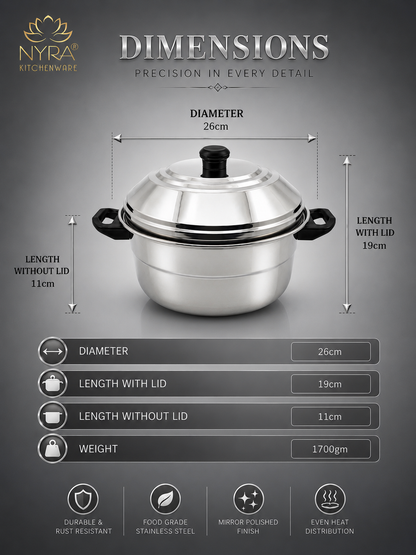 Nyra® Premium Stainless Steel 14-Idli Cooker Pot | Stackable Idli Plates & Steamer/Dhokla Plates | Multi-Purpose Idli Maker