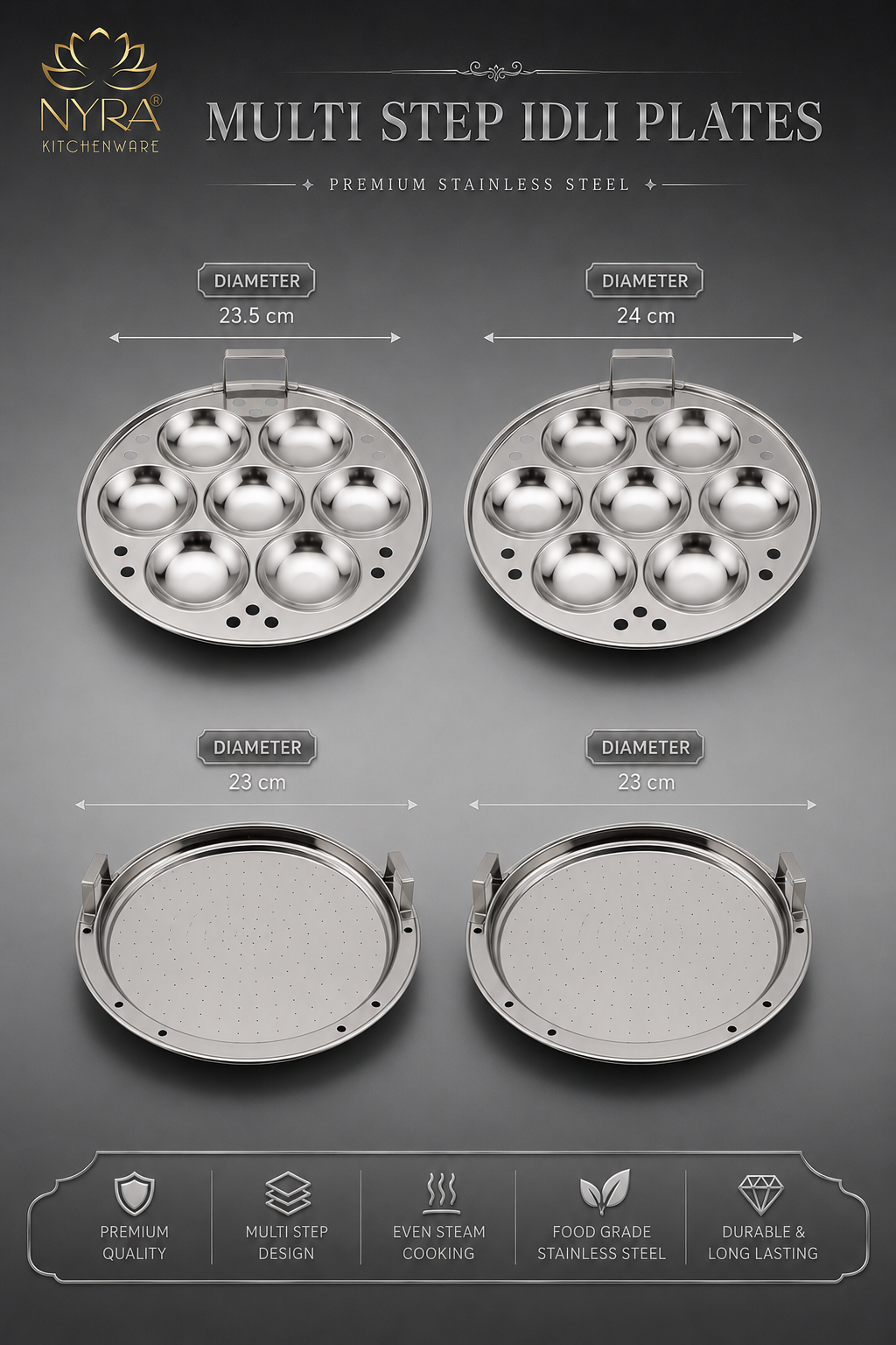 Nyra® Premium Stainless Steel 14-Idli Cooker Pot | Stackable Idli Plates & Steamer/Dhokla Plates | Multi-Purpose Idli Maker