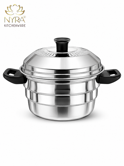 Nyra® Premium Stainless Steel 14-Idli Cooker Pot | Stackable Idli Plates & Steamer/Dhokla Plates | Multi-Purpose Idli Maker