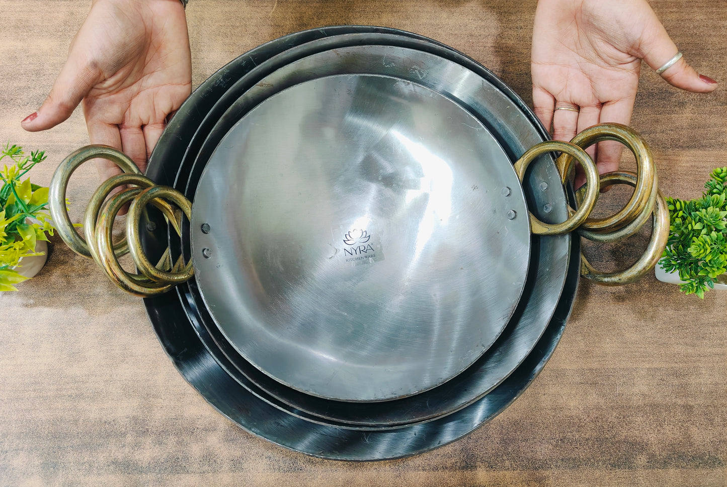 Royale Iron Kadhai/Wok with Sturdy Handle | Deep Bottom Loha Kadai- 4 Sizes