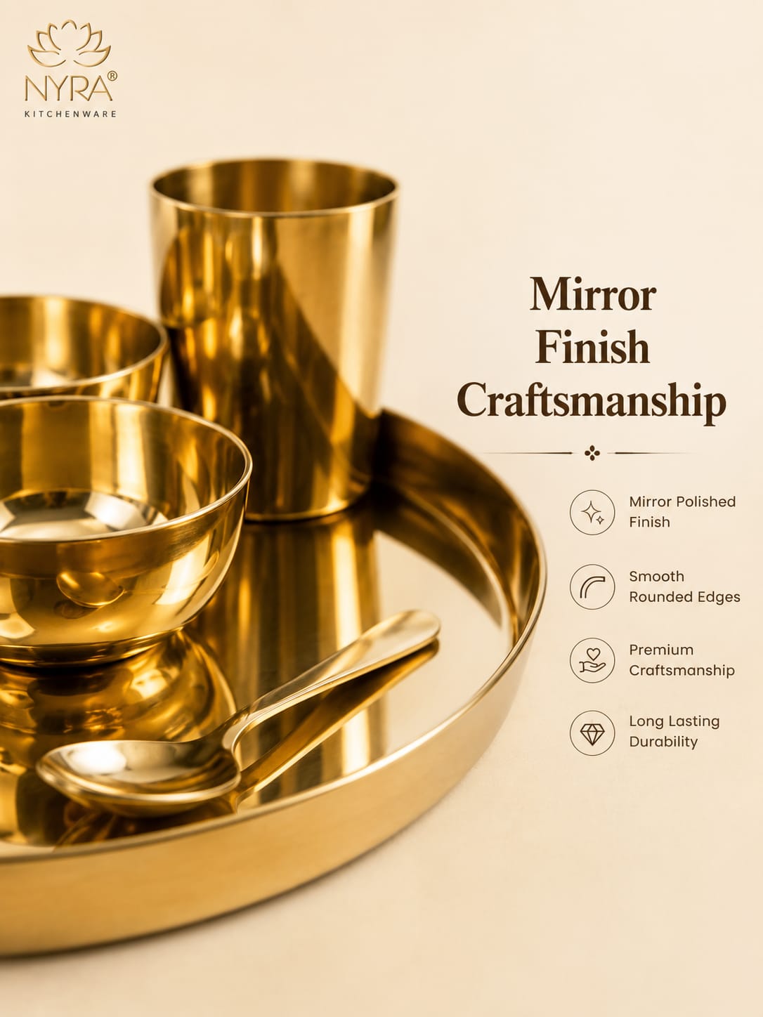 Premium Kansa/Bronze Thali Set of 6pcs. | Traditional Dinnerware Set (1 Thali, 2 Bowls, Glass, Plate, Spoon)