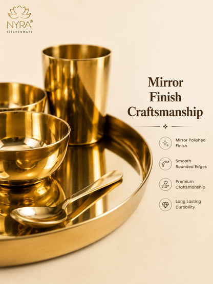 Premium Kansa/Bronze Thali Set of 6pcs. | Traditional Dinnerware Set (1 Thali, 2 Bowls, Glass, Plate, Spoon)