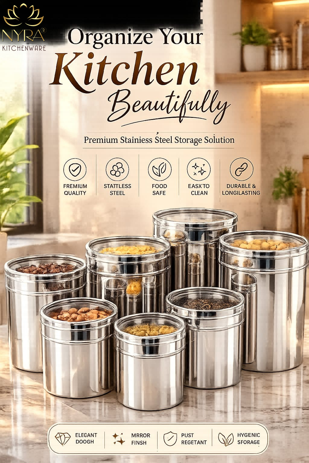 Stainless Steel Multipurpose Kitchen Storage Container/Canister with See-Through Lid