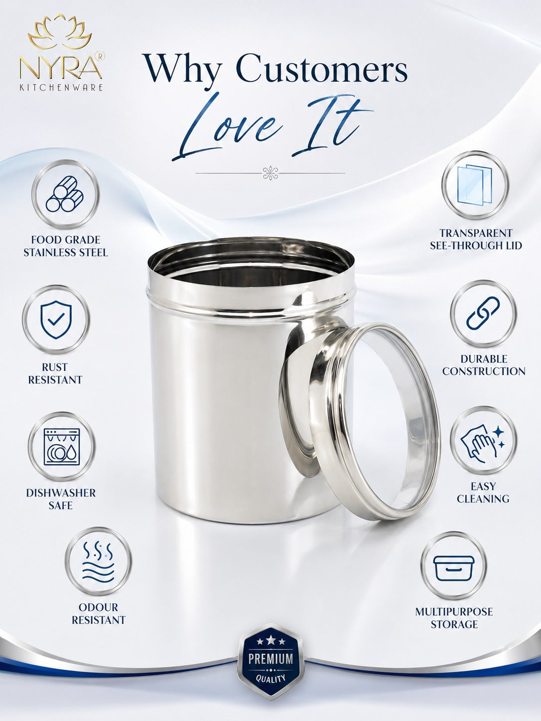 Stainless Steel Multipurpose Kitchen Storage Container/Canister with See-Through Lid