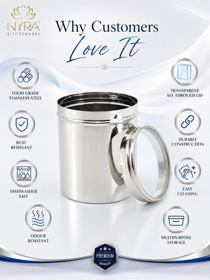 Stainless Steel Multipurpose Kitchen Storage Container/Canister with See-Through Lid