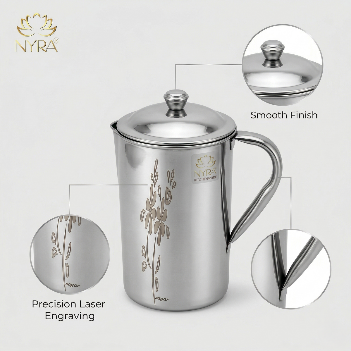 Stainless Steel Laser Printed Jug with Sturdy Handle and Lid - 2 LTR Drinkware
