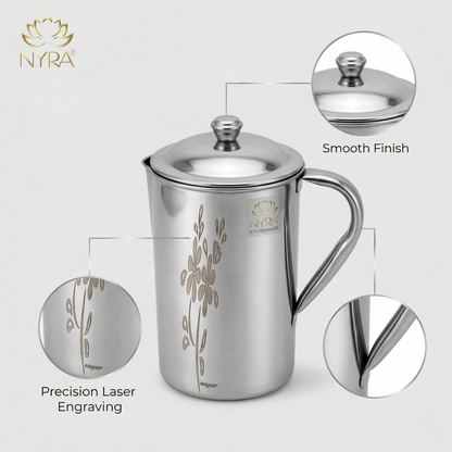 Stainless Steel Laser Printed Jug with Sturdy Handle and Lid - 2 LTR Drinkware
