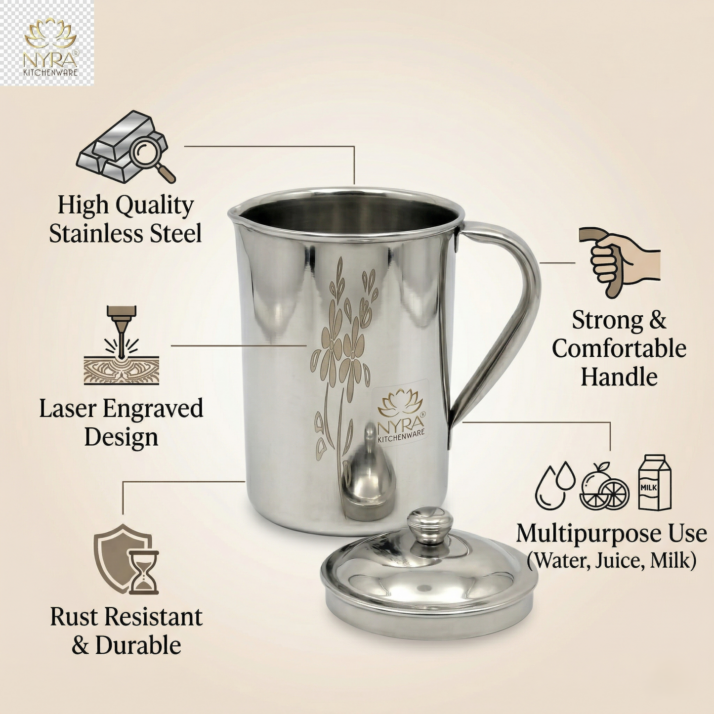 Stainless Steel Laser Printed Jug with Sturdy Handle and Lid - 2 LTR Drinkware