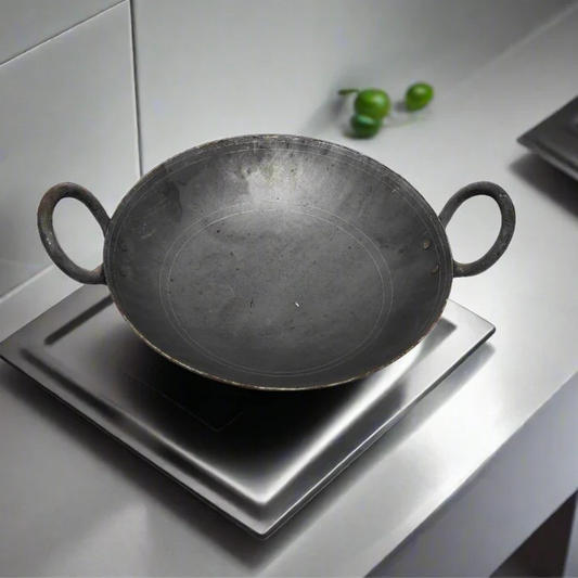 Traditional Black Iron Wok/Kadhai with Sturdy Handle - 4 Sizes