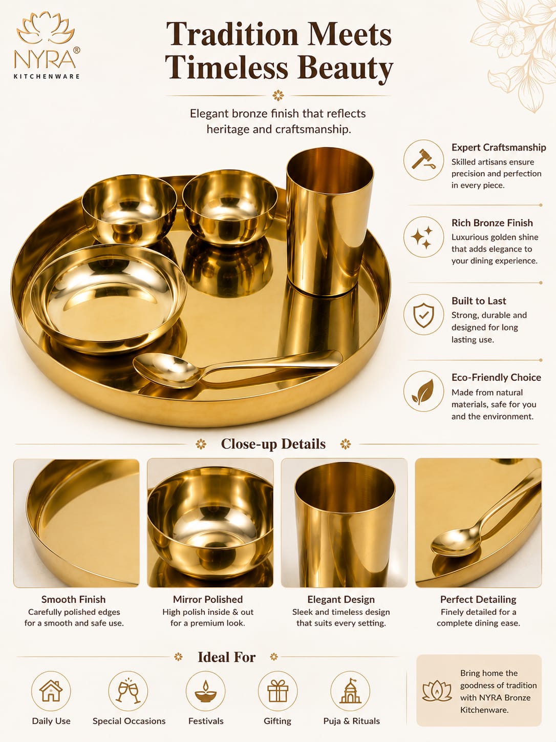 Premium Kansa/Bronze Thali Set of 6pcs. | Traditional Dinnerware Set (1 Thali, 2 Bowls, Glass, Plate, Spoon)
