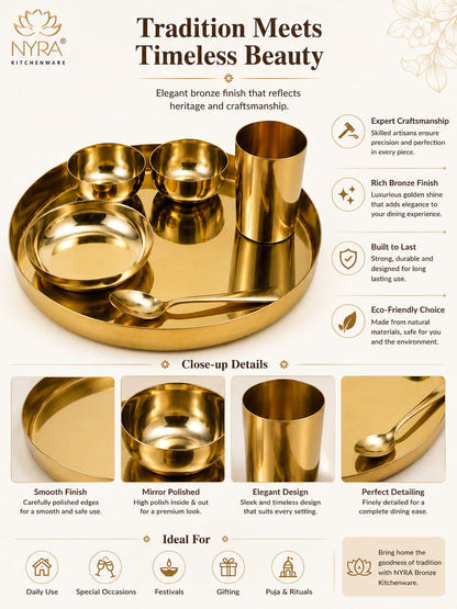 Premium Kansa/Bronze Thali Set of 6pcs. | Traditional Dinnerware Set (1 Thali, 2 Bowls, Glass, Plate, Spoon)